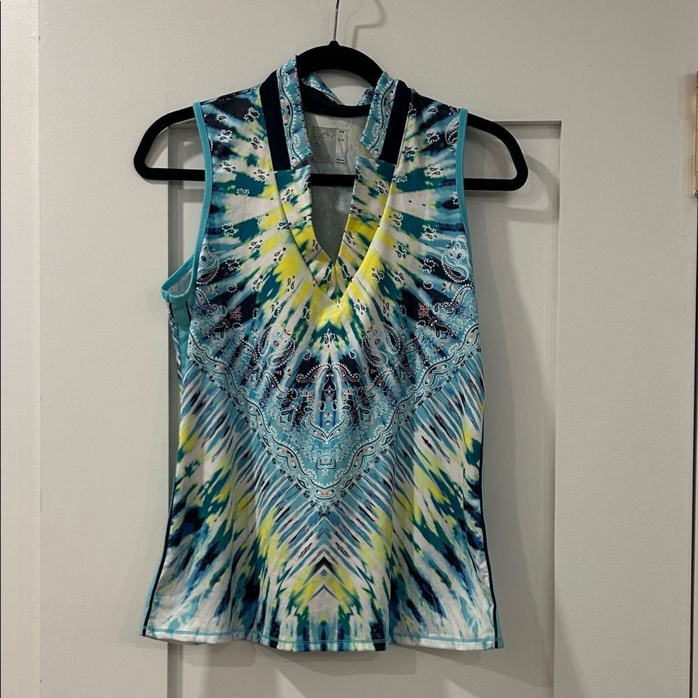 Lucky in Love Blue and Yellow Patterned Golf Tank Top